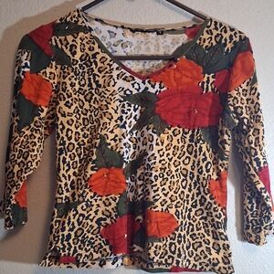 Leopard Print V-Neck Top with Red and Orange Floral Accents 260745 Cotton Beaded